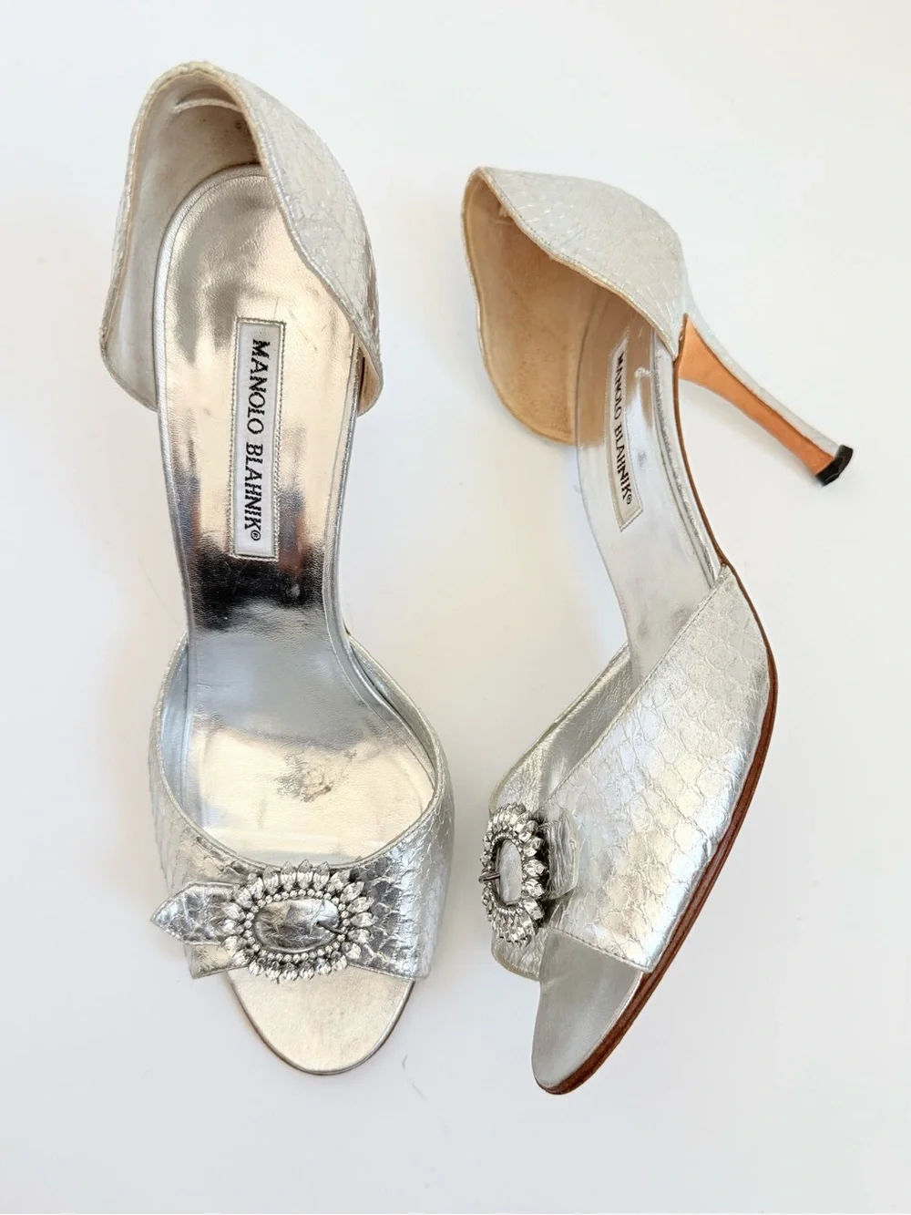 Manolo Blahnik Sedaraby Silver Python Crystal Buckle D’Orsay Mule Heels EU 39.5